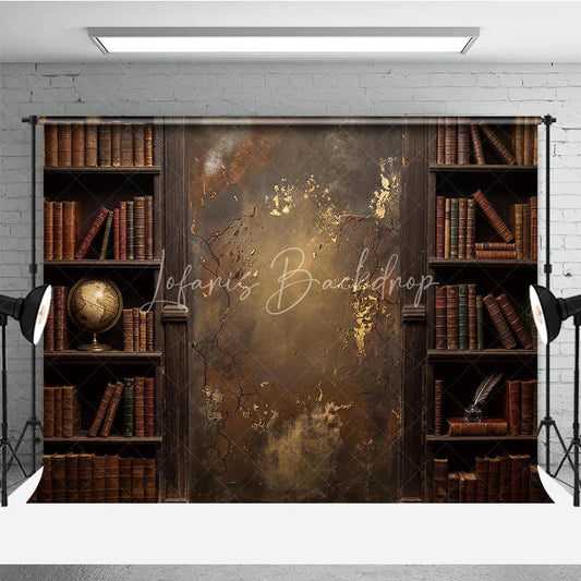 Lofaris Rustic Vintage Library Bookshelf Photography Backdrop with Old Books Distressed Gold Textured Wall and Antique Globe.