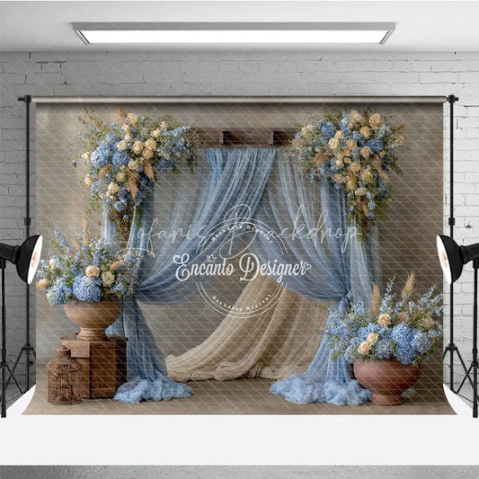 Lofaris Rustic Wedding Arch Backdrop Dusty Blue Drapes with Hydrangea Cream Rose Floral Decor for Bridal Shower