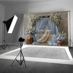 Lofaris Rustic Wedding Arch Backdrop Dusty Blue Drapes with Hydrangea Cream Rose Floral Decor for Bridal Shower