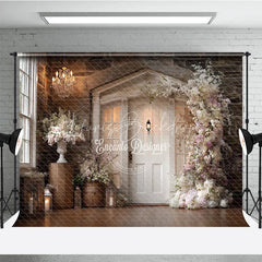 Lofaris Rustic Wedding Backdrop White Door on Stone Wall Pink Floral Arch Photography Background for Bridal Shower