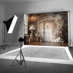 Lofaris Rustic Wedding Backdrop White Door on Stone Wall Pink Floral Arch Photography Background for Bridal Shower