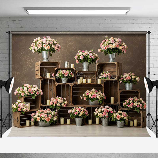 Lofaris Rustic Wedding Photography Backdrop Pink and Cream Roses in Crates Romantic Floral Studio Photo Prop Decor