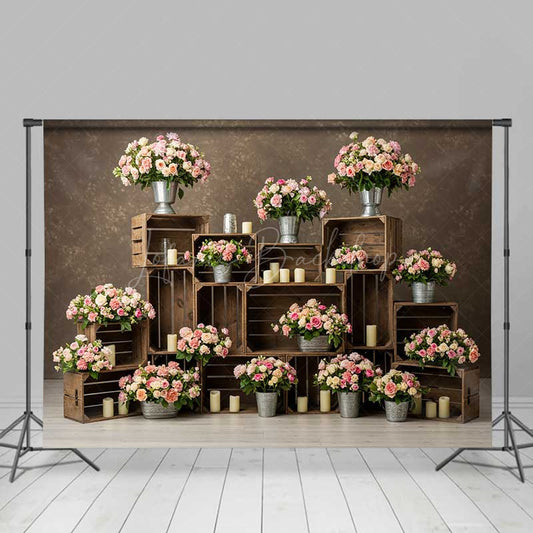 Lofaris Rustic Wedding Photography Backdrop Pink and Cream Roses in Crates Romantic Floral Studio Photo Prop Decor