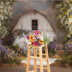 Lofaris Rustic White Barn Photography Backdrop with Flowering Trees and Purple Pink Flowers Hay Bales for Spring Portraits