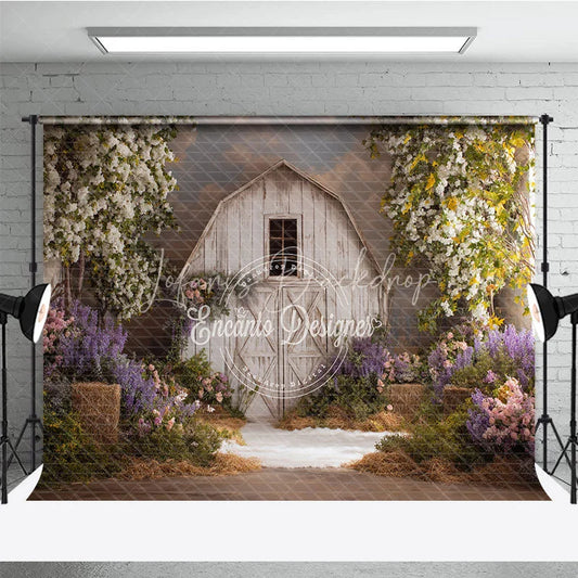 Lofaris Rustic White Barn Photography Backdrop with Flowering Trees and Purple Pink Flowers Hay Bales for Spring Portraits