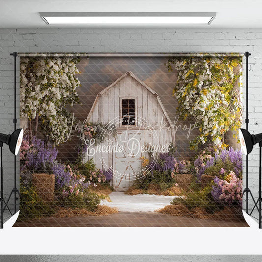 Lofaris Rustic White Barn Photography Backdrop with Flowering Trees Lush Purple and Pink Spring Flowers Greenery