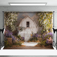 Lofaris Rustic White Barn Photography Backdrop with Flowering Trees Lush Purple and Pink Spring Flowers Greenery