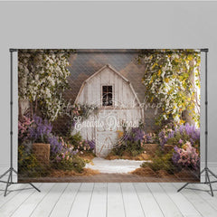 Lofaris Rustic White Barn Photography Backdrop with Flowering Trees Lush Purple and Pink Spring Flowers Greenery