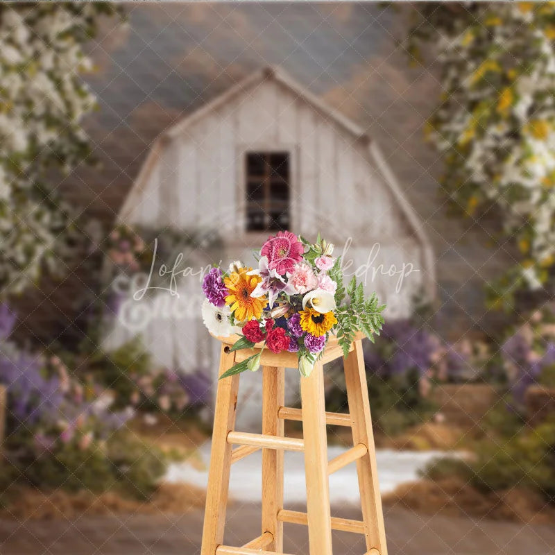 Lofaris Rustic White Barn Photography Backdrop with Flowering Trees Lush Purple and Pink Spring Flowers Greenery