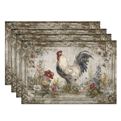 Lofaris Rustic White Rooster Set of 4 Placemats Vintage Farmhouse Chicken Table Mats for Dining Room