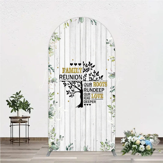 Lofaris Rustic White Wood Family Reunion Arch Backdrop Greenery and Gold Glitter Tree Decor for Special Occasion Party