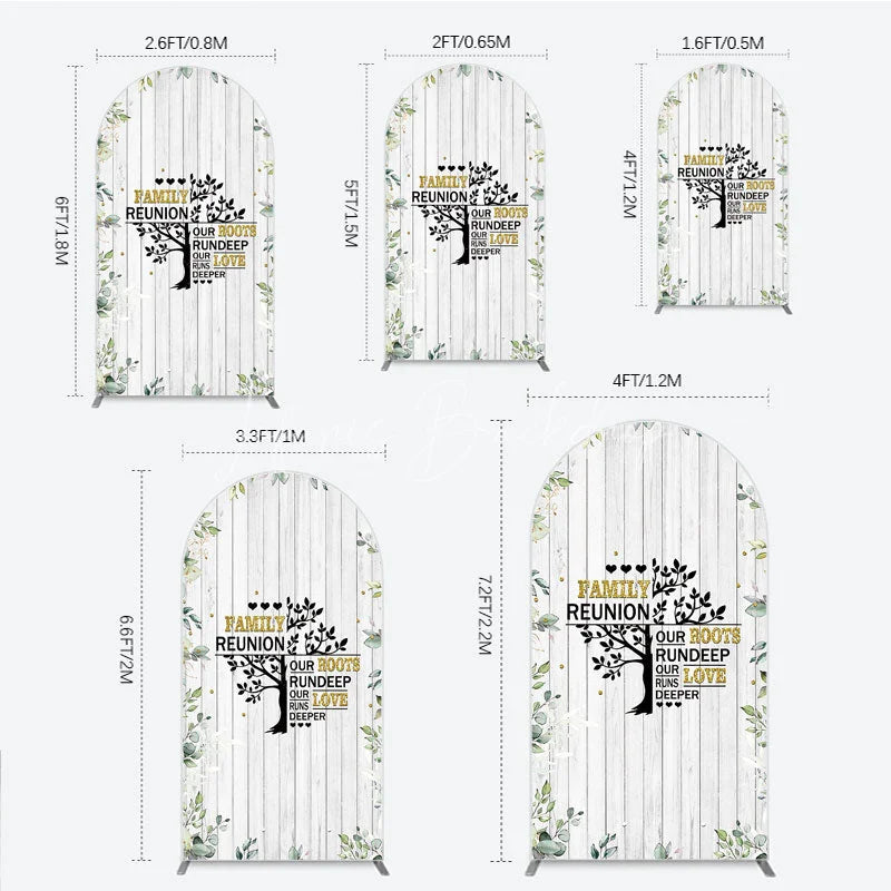 Lofaris Rustic White Wood Family Reunion Arch Backdrop Greenery and Gold Glitter Tree Decor for Special Occasion Party