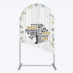 Lofaris Rustic White Wood Family Reunion Arch Backdrop Greenery and Gold Glitter Tree Decor for Special Occasion Party