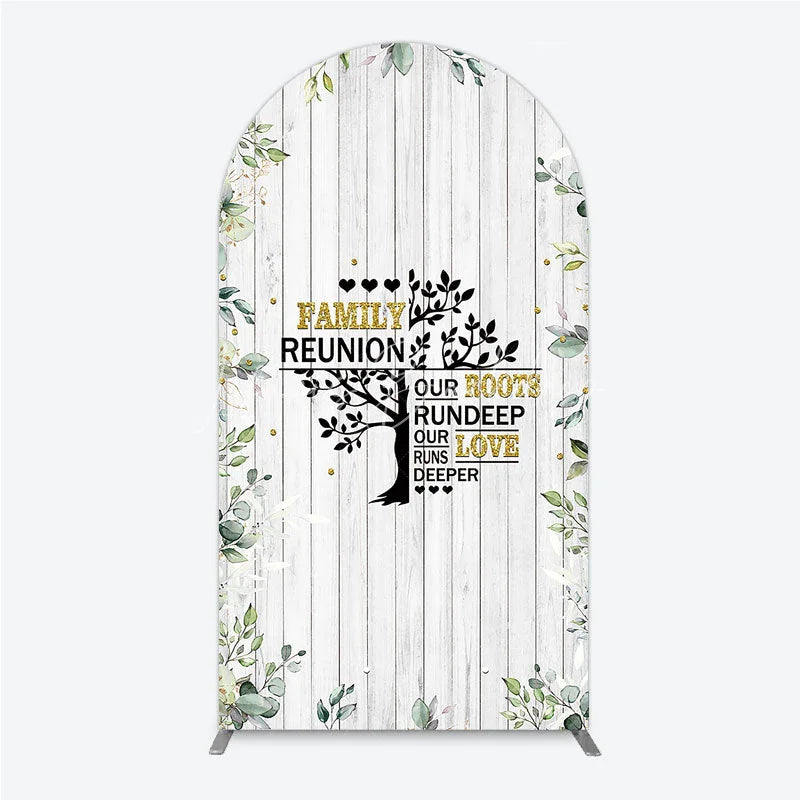 Lofaris Rustic White Wood Family Reunion Arch Backdrop Greenery and Gold Glitter Tree Decor for Special Occasion Party