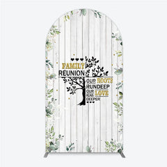 Lofaris Rustic White Wood Family Reunion Arch Backdrop Greenery and Gold Glitter Tree Decor for Special Occasion Party