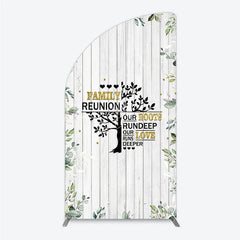Lofaris Rustic White Wood Family Reunion Half Moon Arch Backdrop Greenery and Gold Glitter Tree Decor for Special Occasion Party