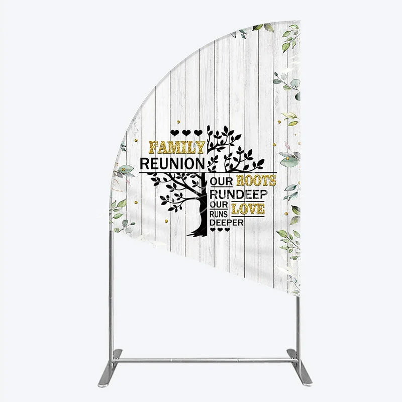 Lofaris Rustic White Wood Family Reunion Half Moon Arch Backdrop Greenery and Gold Glitter Tree Decor for Special Occasion Party