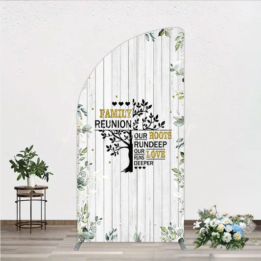 Lofaris Rustic White Wood Family Reunion Half Moon Arch Backdrop Greenery and Gold Glitter Tree Decor for Special Occasion Party