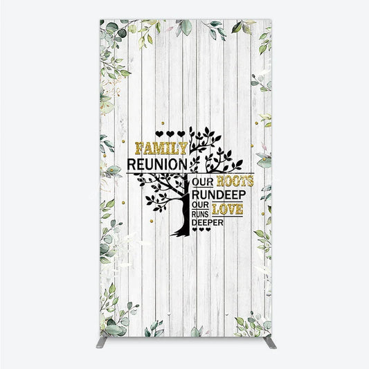 Lofaris Rustic White Wood Family Reunion Rectangle Backdrop Greenery and Gold Glitter Tree Decor for Special Occasion Party