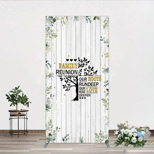 Lofaris Rustic White Wood Family Reunion Rectangle Backdrop Greenery and Gold Glitter Tree Decor for Special Occasion Party
