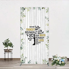 Lofaris Rustic White Wood Family Reunion Rectangle Backdrop Greenery and Gold Glitter Tree Decor for Special Occasion Party