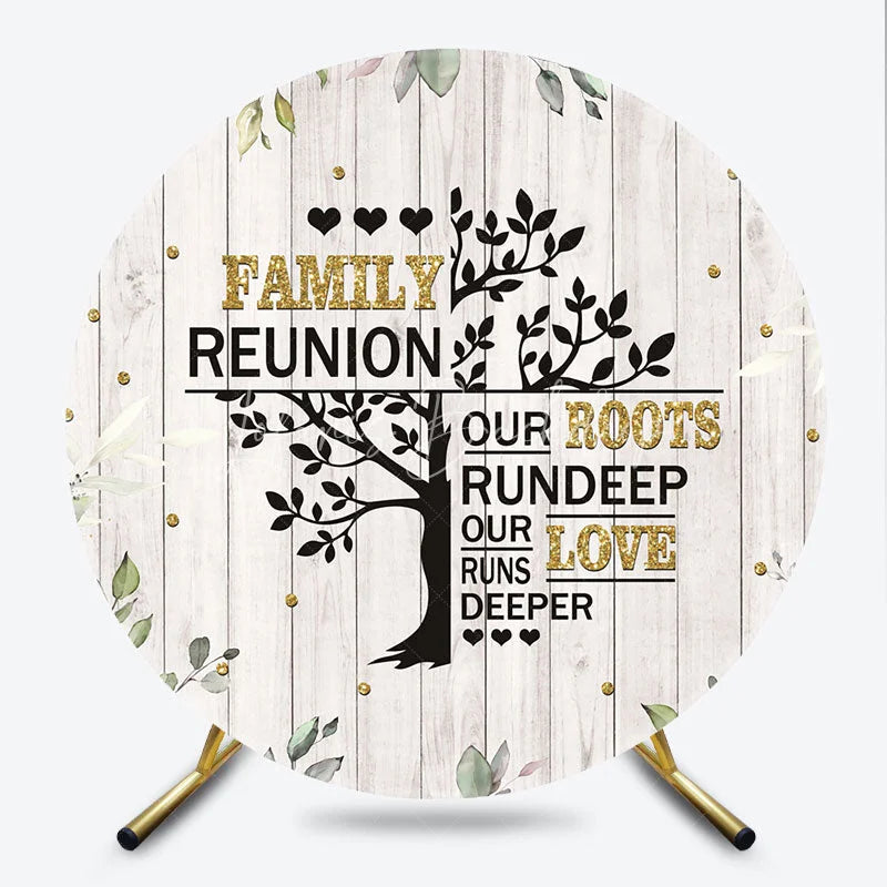 Lofaris Rustic White Wood Family Reunion Round Backdrop Green Eucalyptus and Gold Glitter Tree Quote Decor