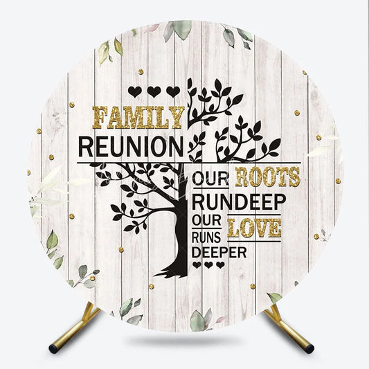 Lofaris Rustic White Wood Family Reunion Round Backdrop Green Eucalyptus and Gold Glitter Tree Quote Decor