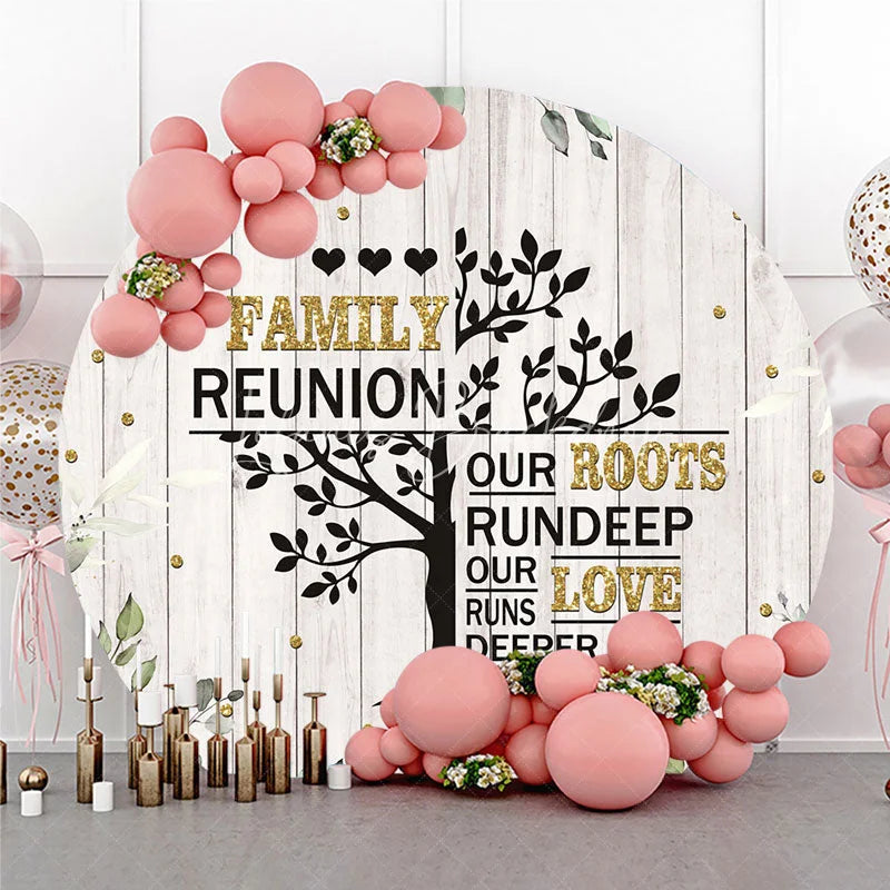 Lofaris Rustic White Wood Family Reunion Round Backdrop Green Eucalyptus and Gold Glitter Tree Quote Decor