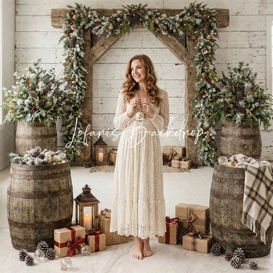 Lofaris Rustic White Wood Wall Christmas Archway Combo Set Backdrop Frosted Pine Garland and Gifts Decor