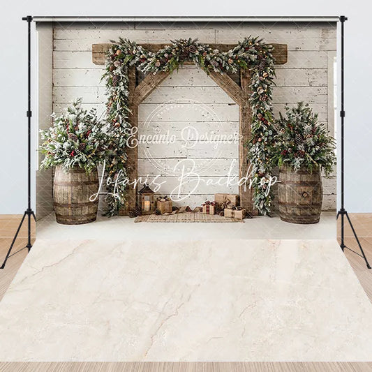 Lofaris Rustic White Wood Wall Christmas Archway Combo Set Backdrop Frosted Pine Garland and Gifts Decor