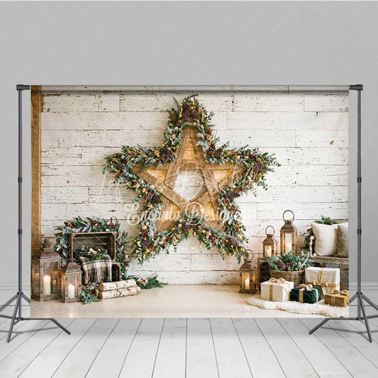 Lofaris Rustic White Wood Wall Holiday Backdrop with a Large Wooden Star Frosted Garland and Cozy Christmas Decor