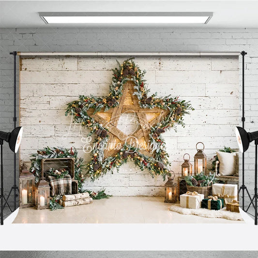 Lofaris Rustic White Wood Wall Holiday Backdrop with a Large Wooden Star Frosted Garland and Cozy Christmas Decor