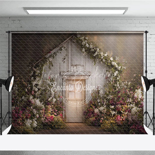 Lofaris Rustic White Wooden Door Photography Backdrop Lush Floral Vines and a Dreamy Spring Garden Scene