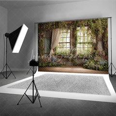 Lofaris Rustic Window Photography Backdrop with Lush Greenery and Blooming Flowers Enchanted Garden Spring Scene