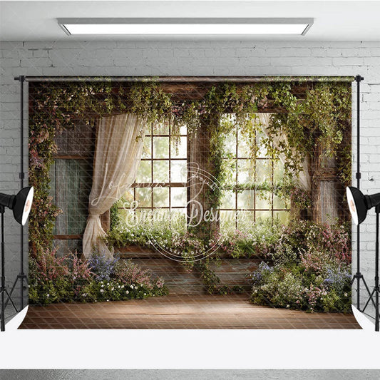 Lofaris Rustic Window Photography Backdrop with Lush Greenery and Blooming Flowers Enchanted Garden Spring Scene