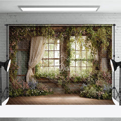 Lofaris Rustic Window Photography Backdrop with Lush Greenery and Blooming Flowers Enchanted Garden Spring Scene