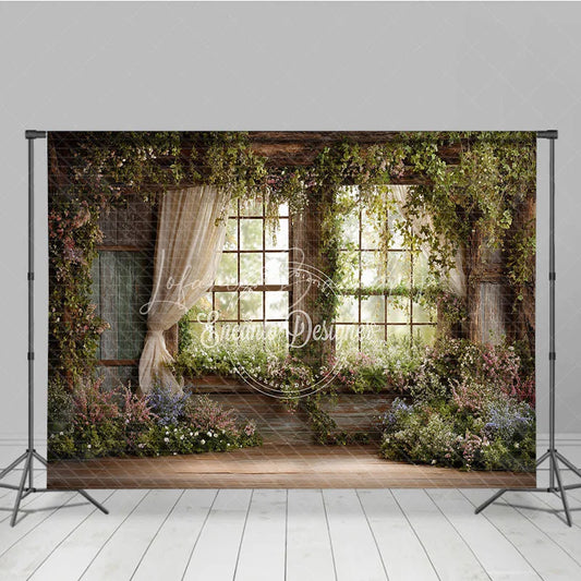 Lofaris Rustic Window Photography Backdrop with Lush Greenery and Blooming Flowers Enchanted Garden Spring Scene