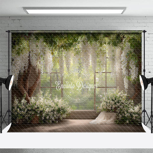 Lofaris Rustic Window Photography Backdrop with White Wisteria Spring Greenery Farmhouse Wedding Photo Background