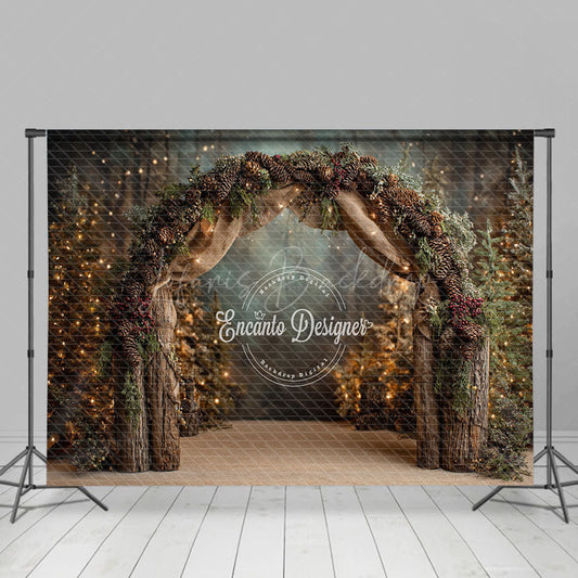 Lofaris Rustic Winter Arch Photography Backdrop with Pinecones Forest String Lights Christmas Wedding Background