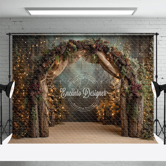 Lofaris Rustic Winter Arch Photography Backdrop with Pinecones Forest String Lights Christmas Wedding Background
