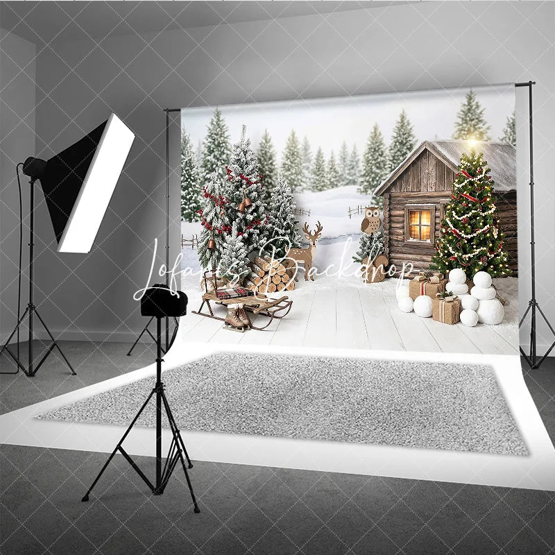 Lofaris Rustic Winter Cabin and Christmas Tree Holiday Backdrop Snowy Forest with Sled Deer Celebration Decor