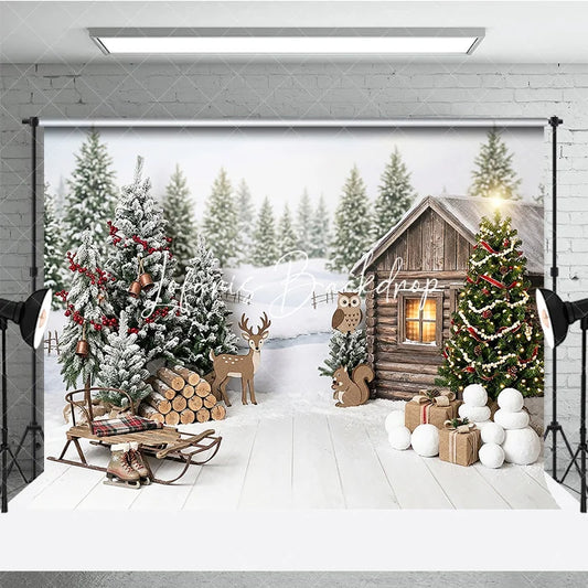 Lofaris Rustic Winter Cabin and Christmas Tree Holiday Backdrop Snowy Forest with Sled Deer Celebration Decor