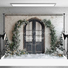 Lofaris Rustic Winter Door Backdrop Black Arched Entryway Snowy Pine Garland White Brick Wall Photo Background