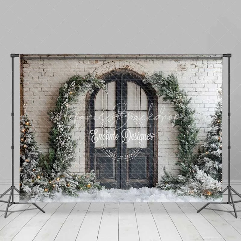 Lofaris Rustic Winter Door Backdrop Black Arched Entryway Snowy Pine Garland White Brick Wall Photo Background