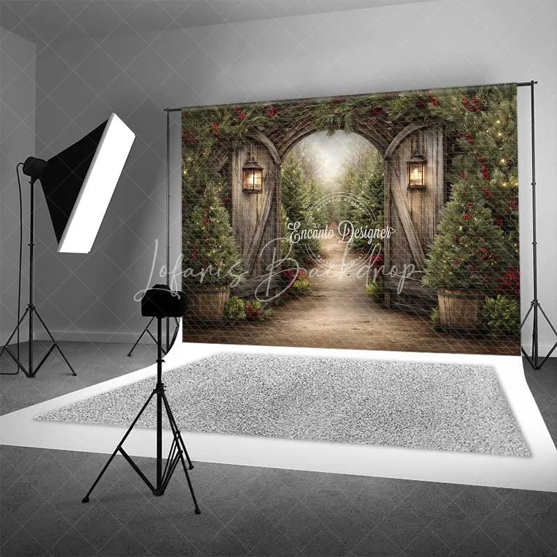 Lofaris Rustic Winter Garden Gate Backdrop Snowy Pine Tree Path Photography Background