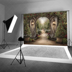 Lofaris Rustic Winter Garden Gate Backdrop Snowy Pine Tree Path Photography Background