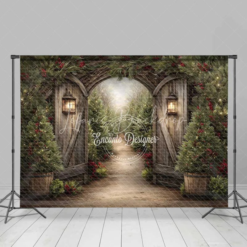 Lofaris Rustic Winter Garden Gate Backdrop Snowy Pine Tree Path Photography Background