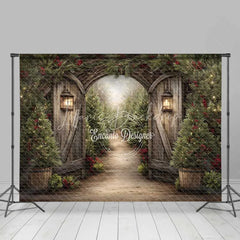 Lofaris Rustic Winter Garden Gate Backdrop Snowy Pine Tree Path Photography Background