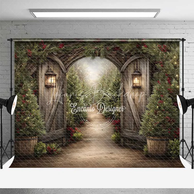 Lofaris Rustic Winter Garden Gate Backdrop Snowy Pine Tree Path Photography Background