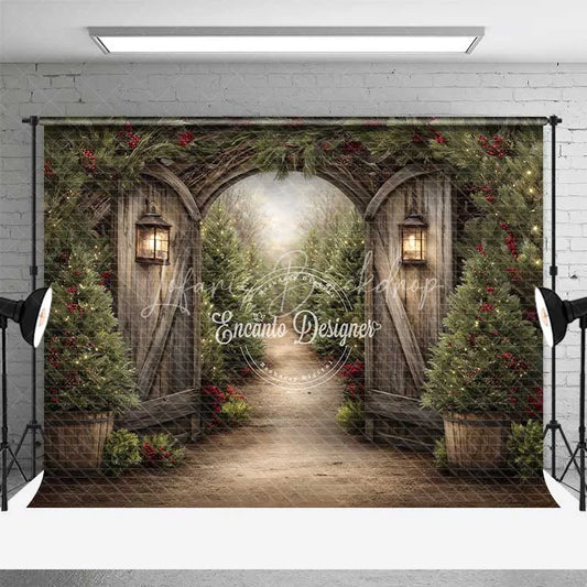Lofaris Rustic Winter Garden Gate Backdrop Snowy Pine Tree Path Photography Background